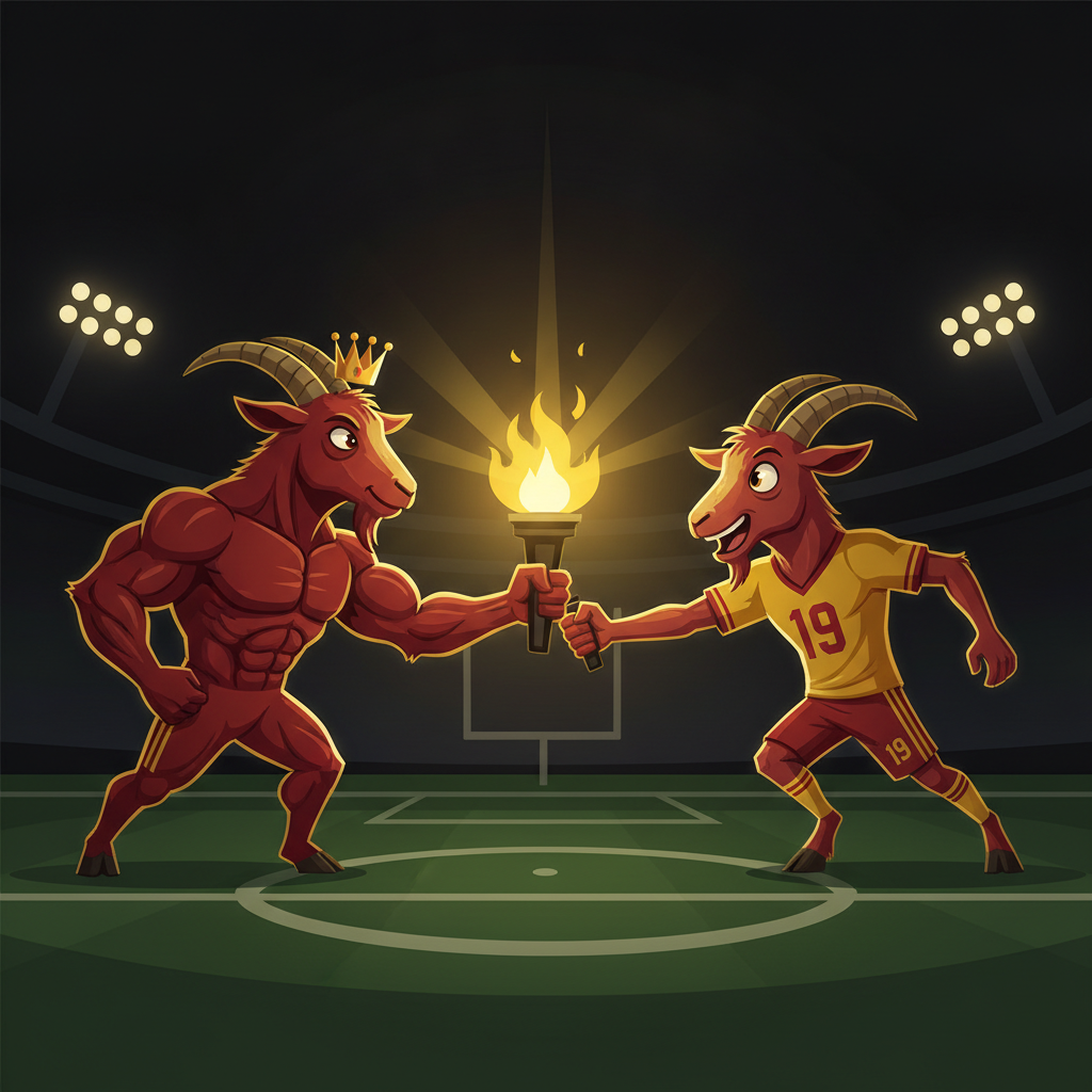 Old goat passing a torch to a young goat in a 19 jersey